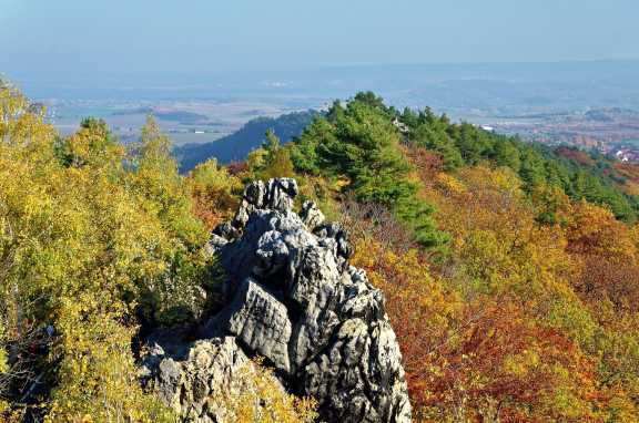 Felsformationen der Teufelsmauer mit Wald und Blick ins Harzvorland