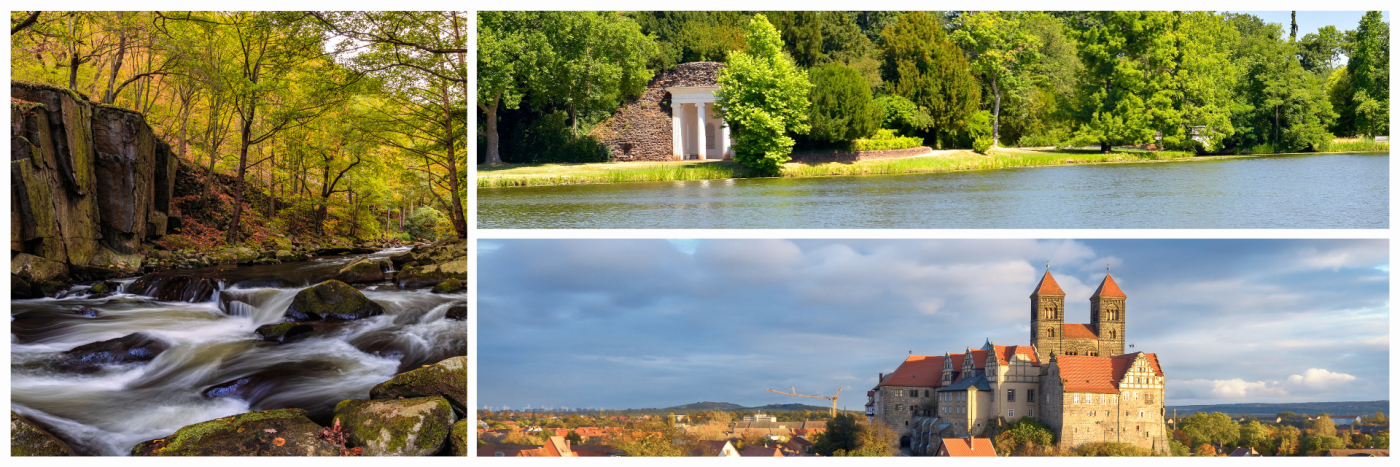 Collage Sachsen-Anhalt mit Wasserfall im Harz, Wörlitzer Gartenreich und Schloss Quedlinburg