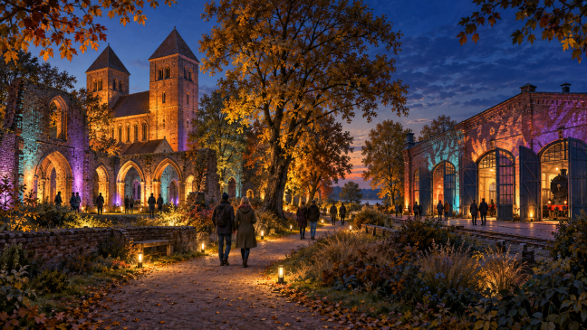Illustration mit beleuchteten Klostermauern, Herbstbäumen und einem historischen Bahnbetriebswerk in der Abenddämmerung.