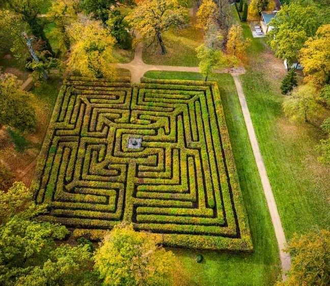 Irrgarten im Gutspark Altjeßnitz aus der Vogelperspektive