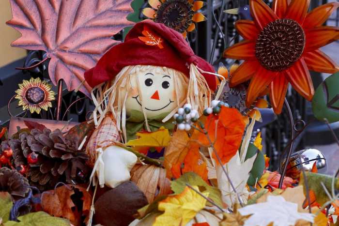 Fröhliche Strohfigur inmitten von herbstlicher Erntedank-Dekoration mit Sonnenblumen, Zapfen und buntem Laub